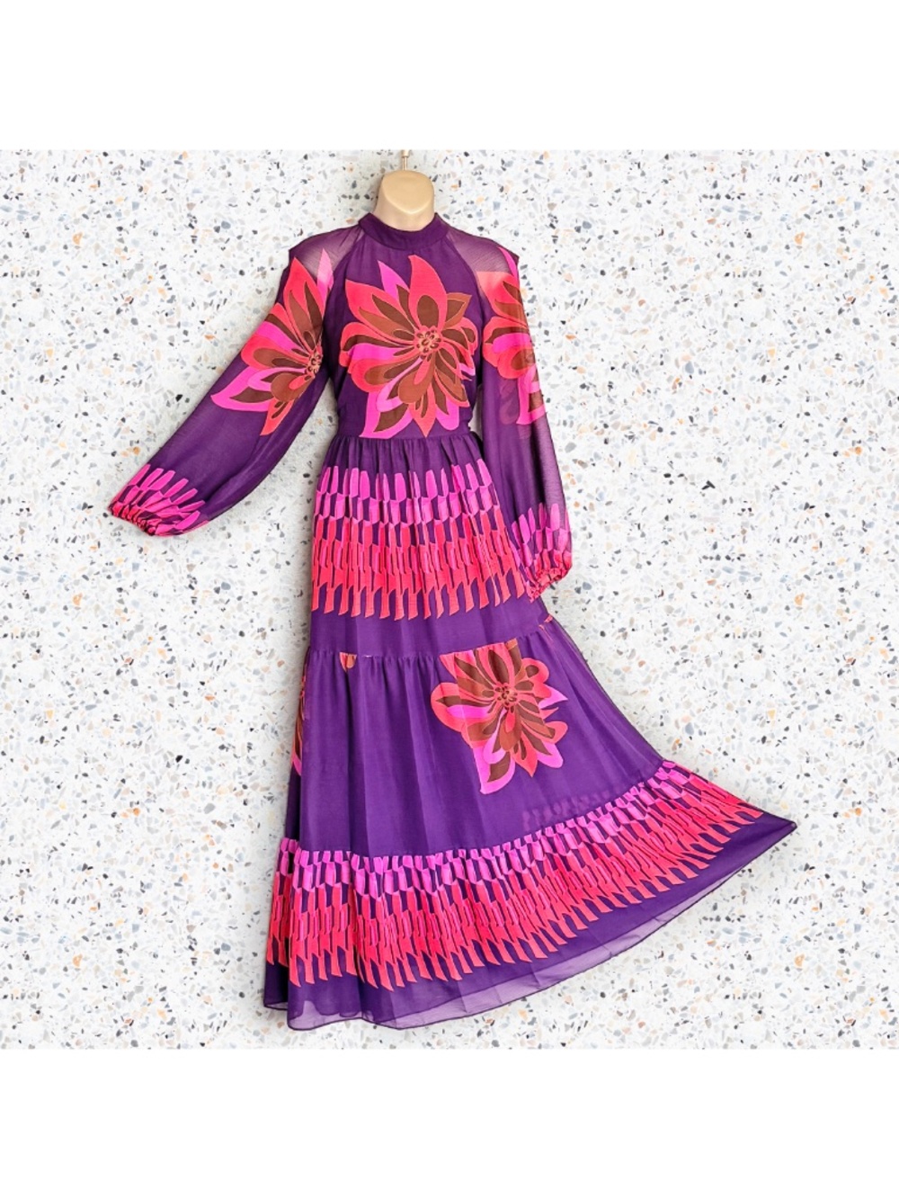Retro Mod Psychedelic Sheer Floral Chiffon Tiered Maxi Dress Maison Tara 8